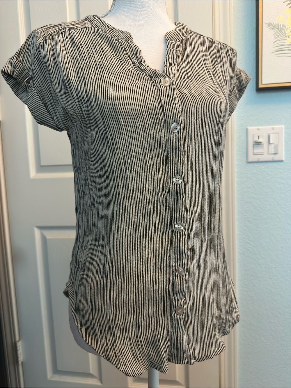 Blu Pepper Striped Button-Front Short Sleeve Top - Black & White